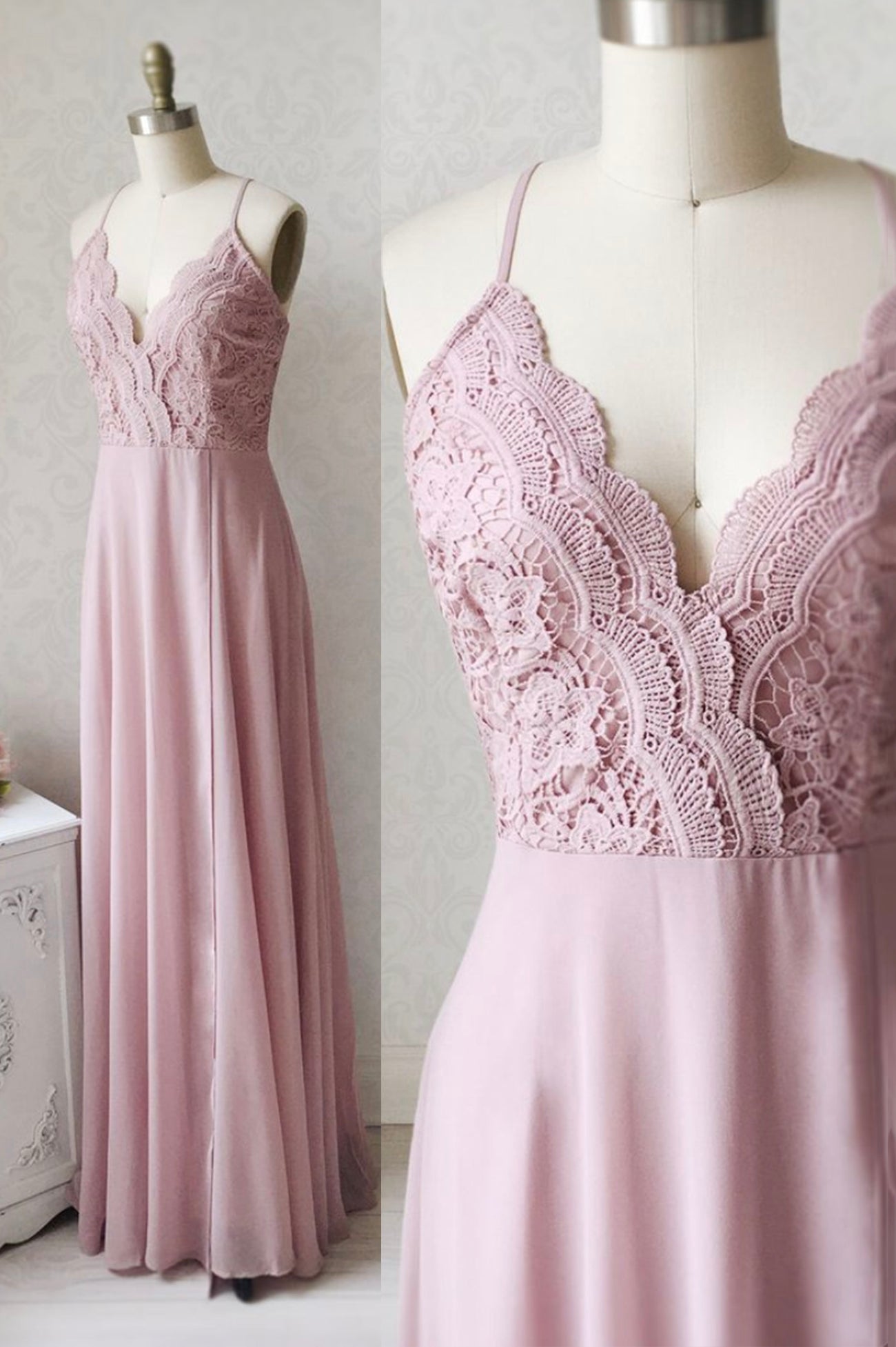 Pink Chiffon Lace Long Corset Prom Dresses, V-Neck Spaghetti Strap Party Dresses outfit, Bridesmaid Dresses White