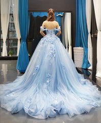 Blue Off Shoulder Tulle Lace Long Corset Prom Gown Blue Evening Dress outfit, Prom Dresses Red