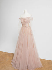 Champagne Pink Tulle Beads Long Corset Prom Dress, Champagne Evening Dress outfit, Formal Dresses To Wear To A Wedding