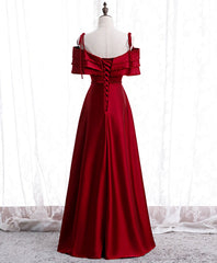 Burgundy Satin Beads Long Corset Prom Dress, Burgundy Evening Dress outfit, Formal Dress Attire