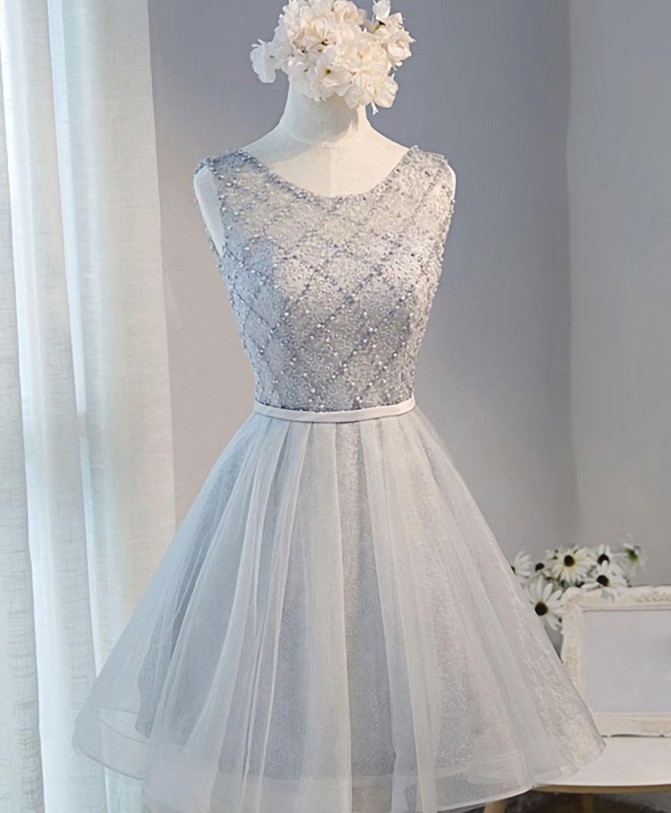 Gray Tulle Beads Short Corset Prom Dress, Gray Corset Homecoming Dress outfit, Evening Dresses For Party