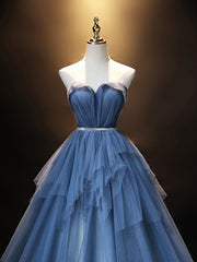 Blue Sweetheart Neck Tulle Long Corset Prom Dress, Blue Evening Dress outfit, Prom Dress Styles
