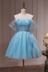 Blue Off The Shoulder Beading Appliques Tulle Short Corset Homecoming Dresses outfit, Bridesmaid Dress With Sleeve