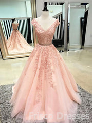 Pink Sleeveless V Neck Tulle Lace Applique Long Corset Prom Dresses outfit, Party Dress Stores