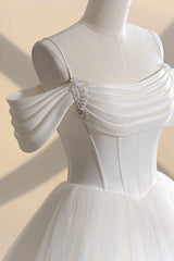 Ivory Tulle Off the Shoulder Corset Formal Gown, Elegant A-Line Corset Wedding Dress outfit, Wedding Dresses Sleeve Lace
