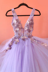 Purple V-Neck Tulle Lace Long Corset Prom Dresses, A-Line Evening Dresses outfit, Party Dresses Online