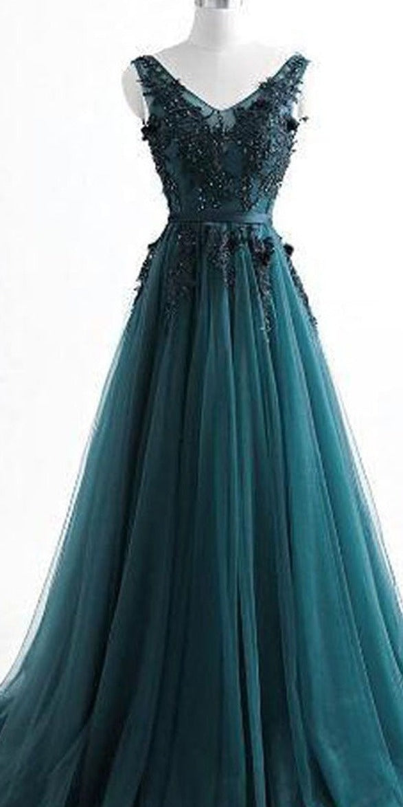 V Neck Dark Green Cheap Long Evening Corset Prom Dresses, Sweet 16 Corset Prom Dresses outfit, Prom Dresses For Short People