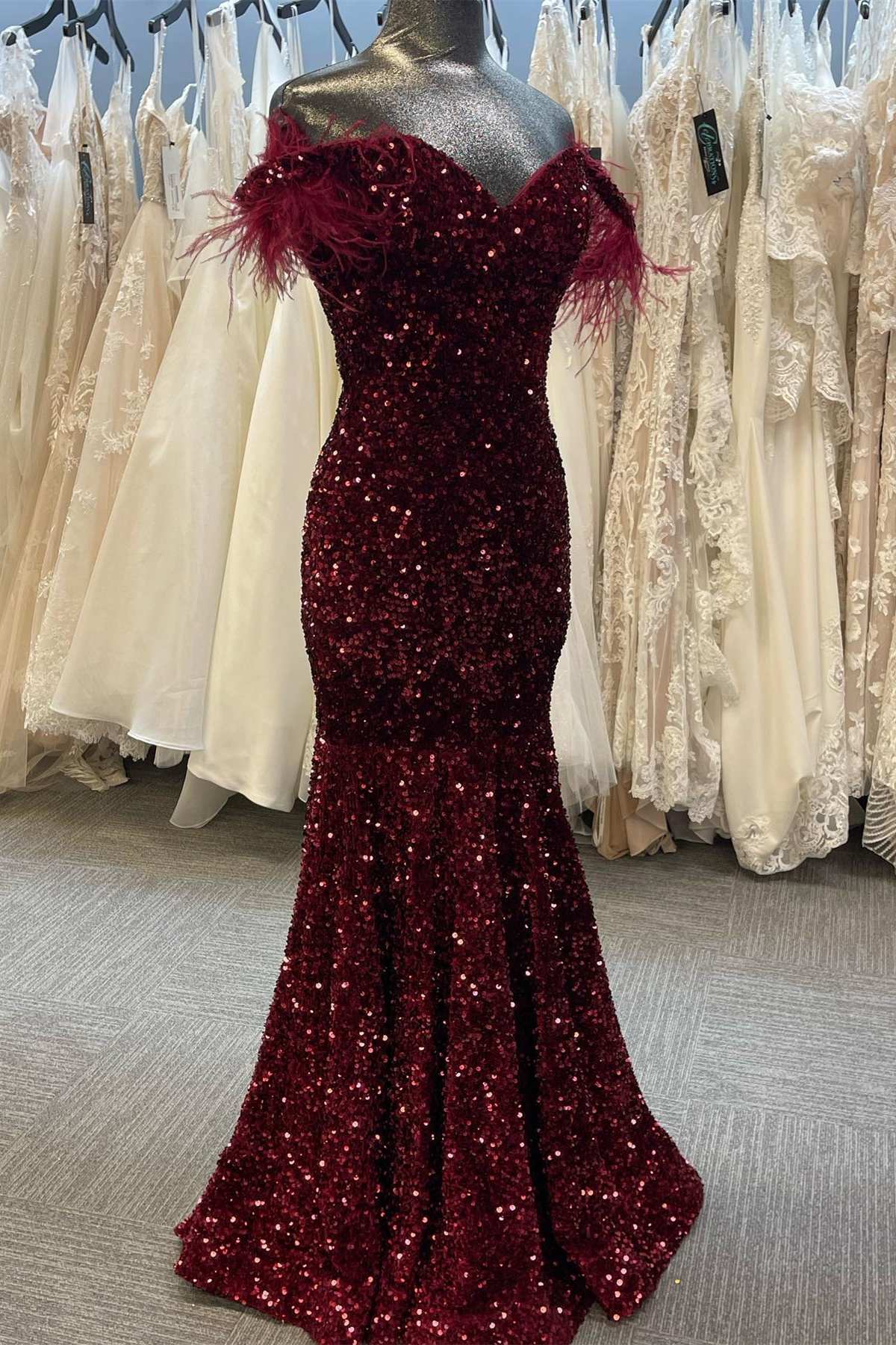 Burgundy Sequin Feather Off-the-Shoulder Mermaid Long Corset Prom Gown outfits, Long Sleeve Wedding Dress