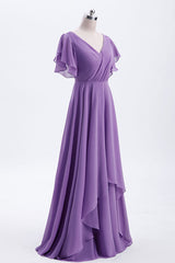 Flutter Sleeves Lavender Chiffon A-line Long Corset Bridesmaid Dress outfit, Evening Dress Long