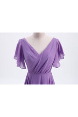 Flutter Sleeves Lavender Chiffon A-line Long Corset Bridesmaid Dress outfit, On Shoulder Dress