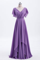 Flutter Sleeves Lavender Chiffon A-line Long Corset Bridesmaid Dress outfit, Prom Ideas