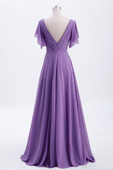 Flutter Sleeves Lavender Chiffon A-line Long Corset Bridesmaid Dress outfit, Club Dress