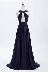 Empire Navy Blue Chiffon A-line Long Corset Bridesmaid Dress outfit, Cocktail Party Outfit