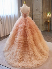 Unique V Neck Tulle Sequin Orange Pink Long Corset Prom Dress, Orange Pink Sweet 16 Dress outfit, Party Dress Pinterest