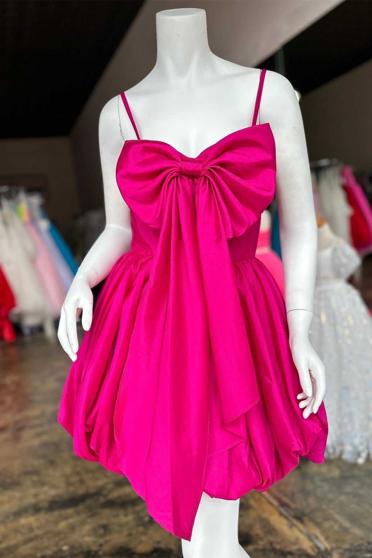 Fuchsia Straps Satin A-line Corset Homecoming Dress with Bow outfit, Formal Dresses Shop