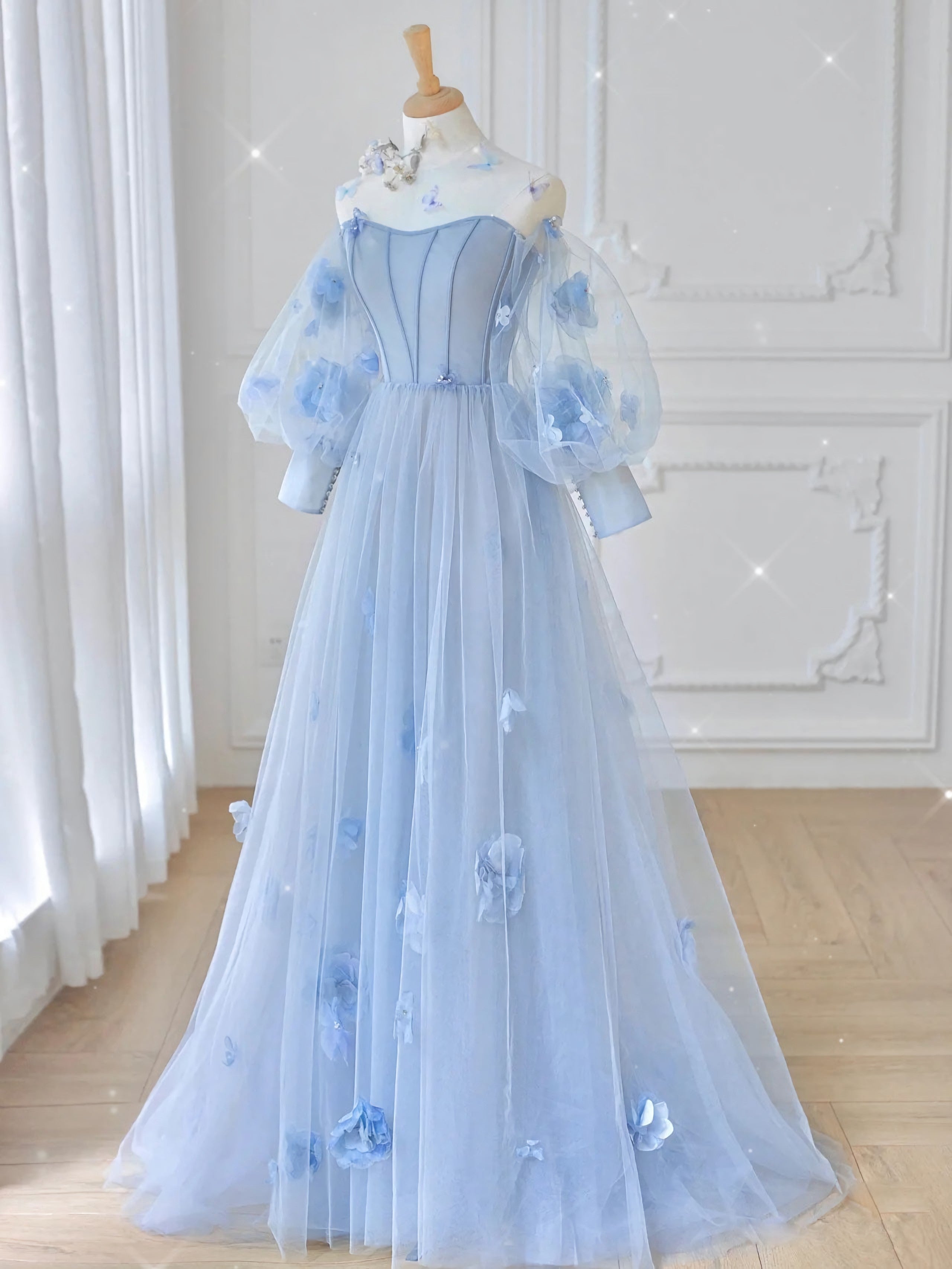 Blue Tulle Lace Long Corset Prom Dress, Blue Tulle Lace Long Evening Dress outfit, Princess Prom Dress