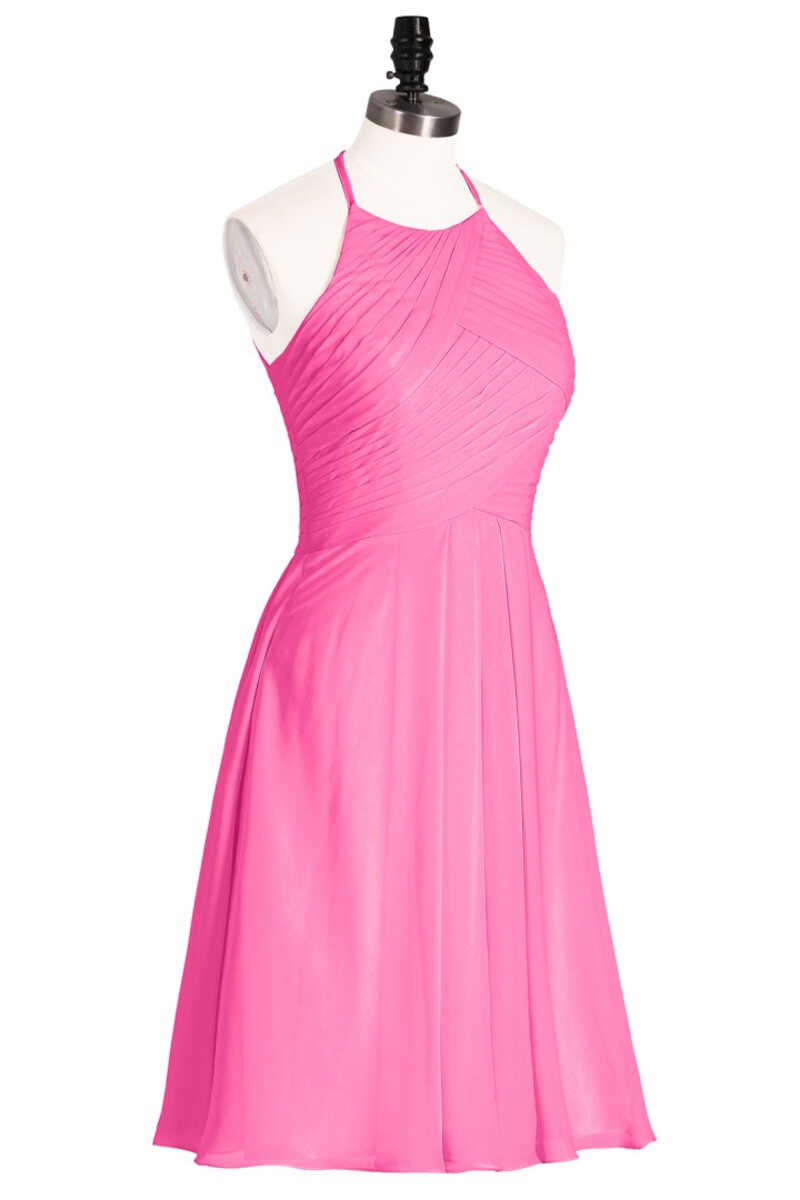 Neon Pink Halter A-Line Short Corset Bridesmaid Dress outfit, Prom Dress2036