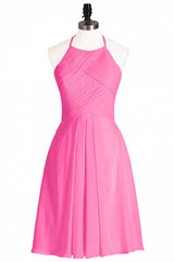 Neon Pink Halter A-Line Short Corset Bridesmaid Dress outfit, Prom Dress 2036