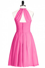 Neon Pink Halter A-Line Short Corset Bridesmaid Dress outfit, Prom Dressed 2036