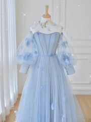 Blue Tulle Lace Long Corset Prom Dress, Blue Tulle Lace Long Evening Dress outfit, Glamorous Dress