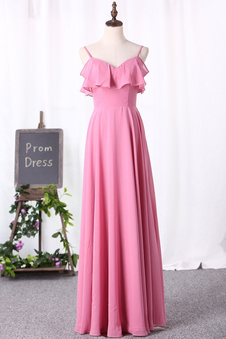Pink Chiffon Straps Ruffled A-Line Long Corset Bridesmaid Dress outfit, White Dress