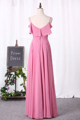Pink Chiffon Straps Ruffled A-Line Long Corset Bridesmaid Dress outfit, Party Dress