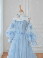 Blue Tulle Lace Long Corset Prom Dress, Blue Tulle Lace Long Evening Dress outfit, Black Long Dress