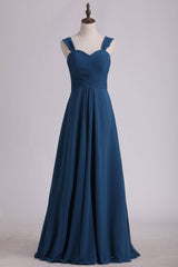 Navy Blue Chiffon Sweetheart A-Line Long Corset Bridesmaid Dress outfit, Prom Dress Fabric