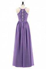 Purple Spaghetti Straps A-Line Long Corset Bridesmaid Dress outfit, Simple Wedding Dress