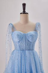 Starry Light Blue Tulle A-line Princess Dress Gowns, Bridesmaid Dresses 2041
