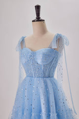 Starry Light Blue Tulle A-line Princess Dress Gowns, Bridesmaid Dresses Different Styles