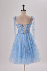 Starry Light Blue Tulle A-line Princess Dress Gowns, Bridesmaid Dress 2041