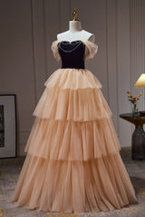 Champagne Off The Shoulder Evening Gown A Line Tulle Long Corset Prom Dresses outfit, Bridesmaids Dress Chiffon
