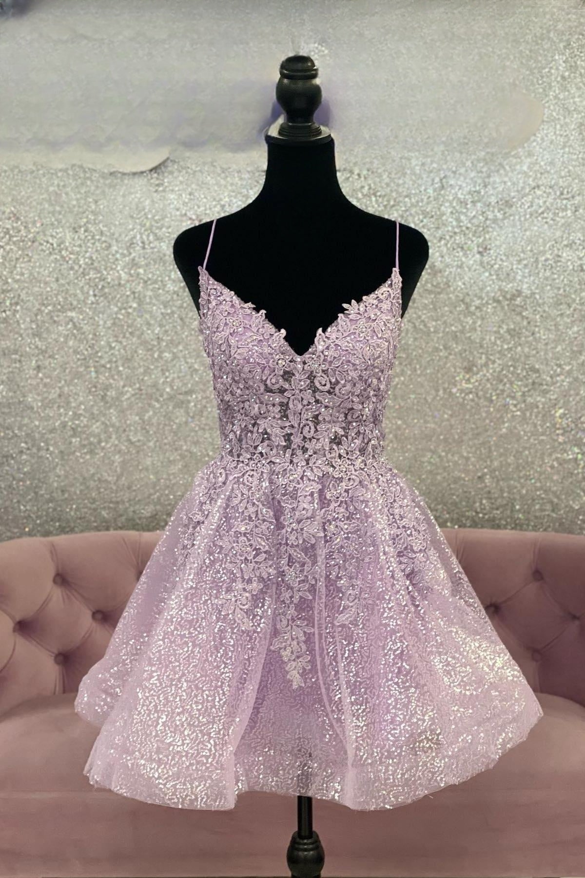 Lilac A-line Sequined Appliques Straps V Neck Corset Homecoming Dress outfit, Homecoming Dress Tight