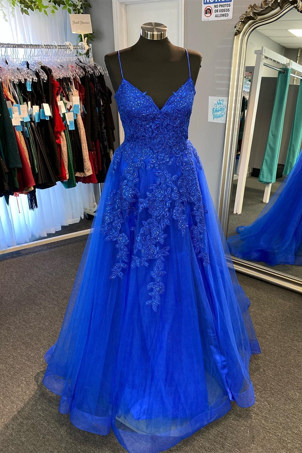 Royal Blue Appliques Deep V Neck Lace-Up A-line Tulle Long Corset Prom Dress outfits, Party Dress On Line
