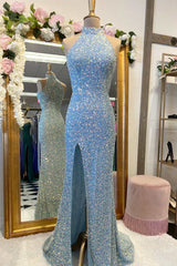 Blue Sequin Halter Long Corset Formal Dress with Slit Gowns, Bridesmaid Dress Style Long