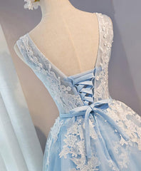 Blue V Neck Tulle Short Corset Prom Dress, Blue Corset Homecoming Dress outfit, Prom Dress Idea