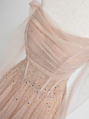 Champagne Pink Tulle Beads Long Corset Prom Dress, Champagne Evening Dress outfit, Formal Dress For Graduation