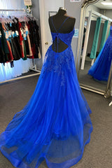 Royal Blue Appliques Deep V Neck Lace-Up A-line Tulle Long Corset Prom Dress outfits, Party Dress Style Shop