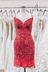 Red Lace-Up Sequins Sheath V Neck Corset Homecoming Dress with Tassels Gowns, Bridesmaid Dressese Lavender
