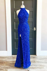 Blue Sequin Halter Long Corset Formal Dress with Slit Gowns, Bridesmaid Dress Styles Long