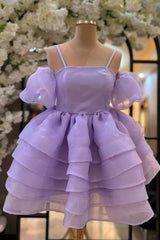Lavender Cold Shoulder Straps Puff Sleeves Layers Corset Homecoming Dress outfit, Evening Dresses Stunning