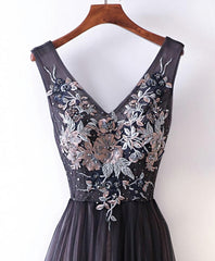Black V Neck Lace Applique Tulle Long Corset Prom Dress, Black Evening Dress outfit, Prom Dress Under 224