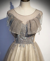 Champagne Round Neck Sequin Long Corset Prom Dress, Tulle Corset Formal Dress outfit, Formal Dresses Classy Elegant