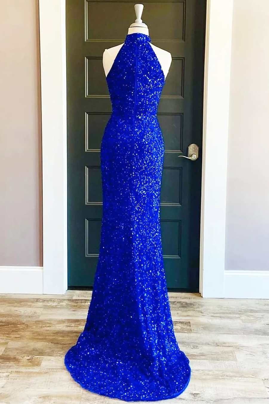 Blue Sequin Halter Long Corset Formal Dress with Slit Gowns, Bridesmaids Dress Styles Long