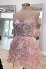 Pink Straps Sequined Multi-Layers Tulle Corset Homecoming Dress outfit, Bridesmaid Dresses Beach Wedding