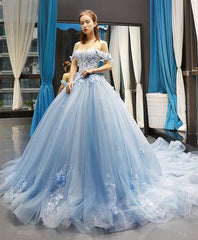 Blue Off Shoulder Tulle Lace Long Corset Prom Gown Blue Evening Dress outfit, Prom Dress Sales