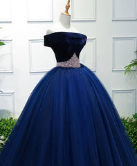 Dark Blue Tulle Off Shoulder Long Corset Prom Dress, Blue Sweet 16 Dress outfit, Evening Dress Simple