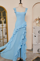 Light Blue Flaunt Sleeves Mermaid Ruffled Long Corset Bridesmaid Dress with Slit Gowns, Homecoming Dress Classy