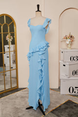 Light Blue Flaunt Sleeves Mermaid Ruffled Long Corset Bridesmaid Dress with Slit Gowns, Homecoming Dresses Classy
